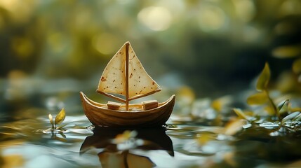 Tea cup in the shape of a tiny boat floating on water
