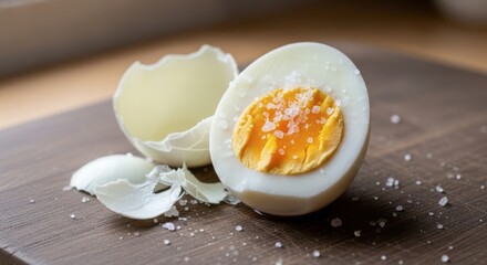 Soft boiled egg cut in half with salt on wood