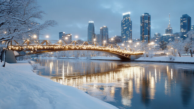 Snowy city skyline with illuminated bridge reflecting warm lights on river at dusk