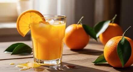 Glass of fresh orange juice with ice and orange slice garnish