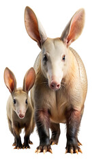 Fototapeta premium Close-up studio portrait of two aardvarks, an adult and a juvenile, standing side-by-side with large ears prominently displayed against a clean background, showcasing unique african wildlife.