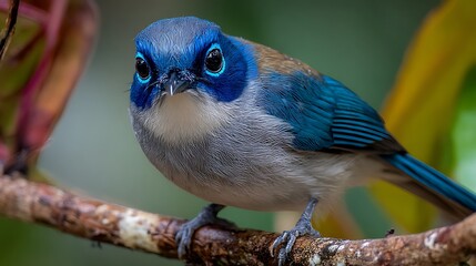 Obraz premium Blue tit songbird with blue and yellow feathers perched on a tree branch in a spring garden