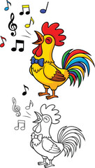 A vibrant cartoon rooster with a red comb and colorful tail crowing musical notes while wearing a blue bow tie.