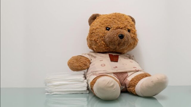 Teddy Bear With Diapers: Soft Plush Toy Surrounded by Stacked Diapers  