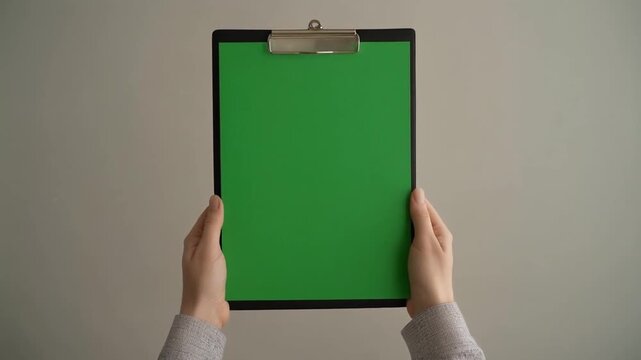 Person holding a clipboard with an isolated green screen, ready for custom content insertion