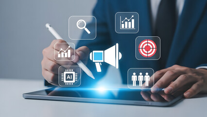 Digital marketing strategy with ai icons on tablet screen