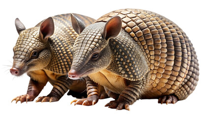 Obraz premium Two armadillos with distinctive armored shells pose closely together, showcasing their unique scaly exterior and pink noses on a isolated background