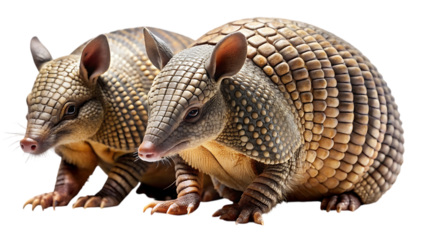Two armadillos with distinctive armored shells pose closely together, showcasing their unique scaly exterior and pink noses on a isolated background