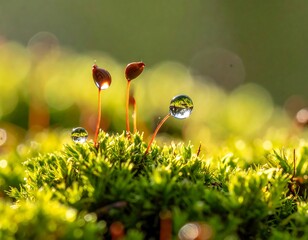 Close-up of green moss with three stalks and dewdrop reflections