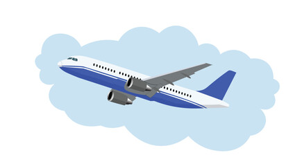 Commercial Airplane Flying in Blue Sky with Clouds Illustration