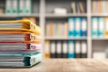 Stacked folders and documents on a wooden desk with blurred office shelves in the background.