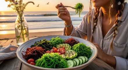 Woman eating healthy seaweed salad at sunset beach