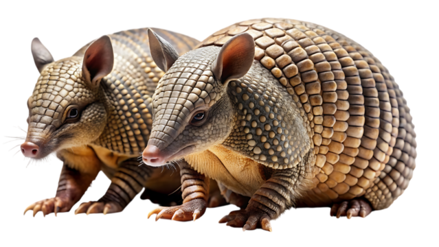 Two armadillos with distinctive armored shells pose closely together, showcasing their unique scaly exterior and pink noses on a isolated background