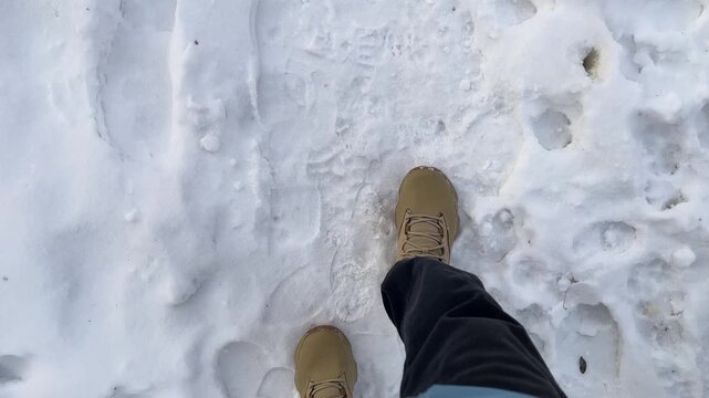 Walking in Beige Winter Boots on Snowy Path