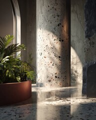 Terrazzo pedestal and in warm natural light against concrete walls.