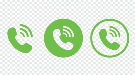 Green Phone Call Icon Set with Ringing Signal Symbols on Transparent Background