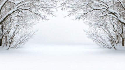 Snowy winter forest clearing with frosted tree branches and serene atmosphere