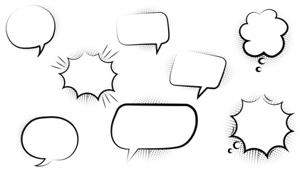Fototapeta premium Comic Speech Bubble Set with Halftone Effects, Blank Dialogue and Thought Shapes