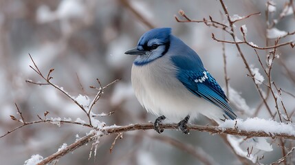 Beautiful blue tit songbird perched on a snowy branch in the winter forest, a wild animal in nature