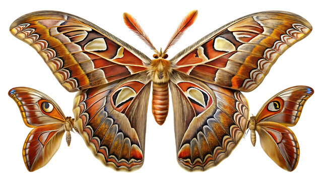 Intricate atlas moth with detailed patterns and eye spots, isolated on a clean background, showcasing natural beauty and insect anatomy.