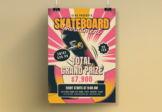 Retro Skateboard Tournament Poster Design with Vibrant Comic Style Illustration