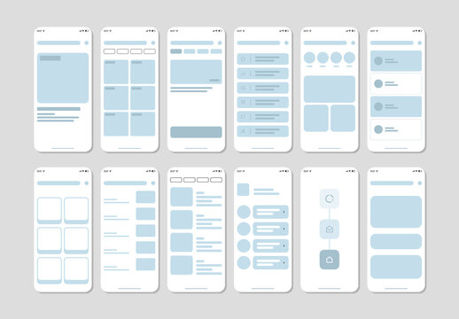Set of Mobile App Wireframe Screens UX Design Templates