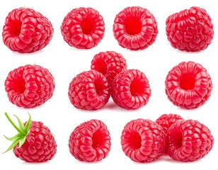 Close-up of ripe, red raspberries in various arrangements