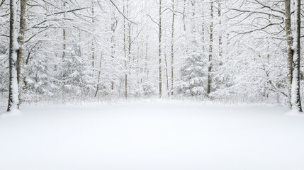 Snow covered forest clearing with soft glowing light and peaceful atmosphere