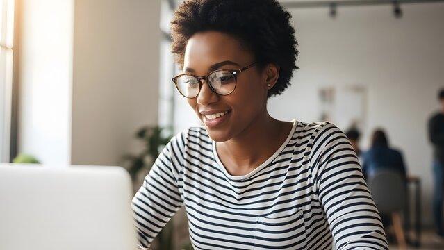 Smiling African American woman in glasses working on a laptop in a bright modern office.