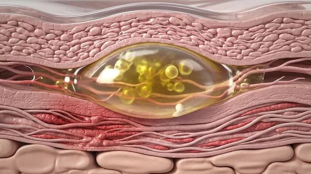 Cross Section Of Human Skin Showing Layers And An Inflamed Sebaceous Cyst Filled With Yellowish Fluid And Pus Detailed Medical Animation