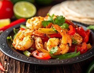 Close-up of grilled shrimp, peppers, cilantro and tortillas