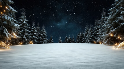 Snowy pine forest night with warm glowing lights and serene starry sky