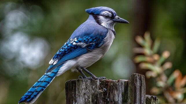 Beautiful blue jay or small blue tit bird perched on a tree branch in nature