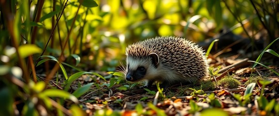 A tiny hedgehog ambles through sun-dappled forest undergrowth, wild, hedgehog