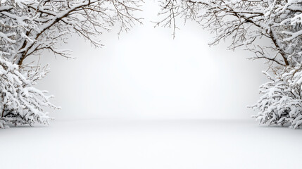 Snowy tree branches frame empty winter landscape with soft falling snow