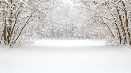 Snowy forest clearing with bare trees arching over fresh snow