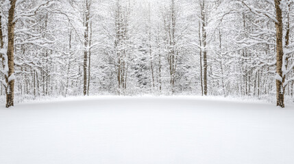 Fototapeta premium Snowy winter forest clearing with birch tree trunks and soft falling snow