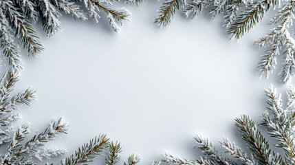 Snowy pine branch border winter background with soft pastel blue glow and calm