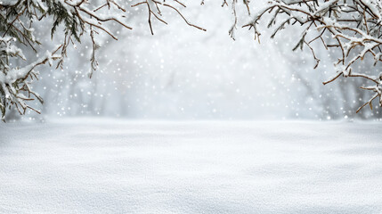 Snowy pine branches winter landscape with falling snow and blank snowfield