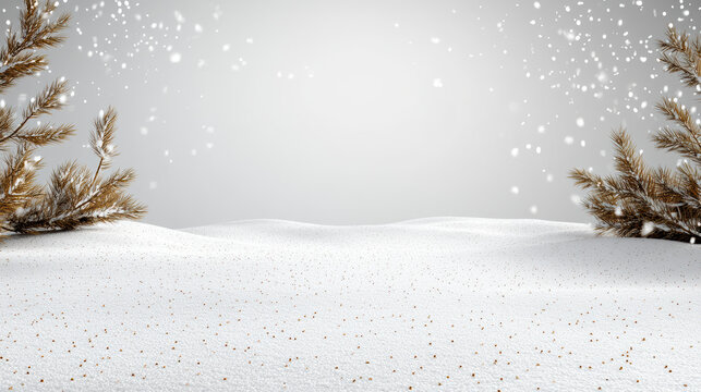 Snowy white landscape with golden pine branches and gentle falling snowflakes