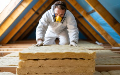 A construction worker wearing a protective white suit and respirator mask kneels in an attic space. 