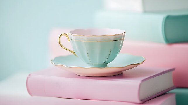 Tea cup resting on a stack of pastel colored books