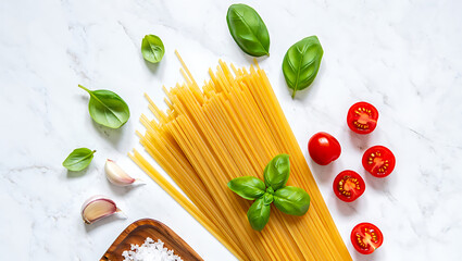 Fresh Ingredients for Italian Cooking Featuring Spaghetti Tomatoes Basil and Garlic on a Marble Background