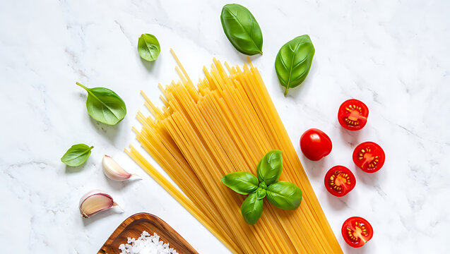 Fresh Ingredients for Italian Cooking Featuring Spaghetti Tomatoes Basil and Garlic on a Marble Background - Powered by Adobe