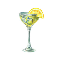 Limoncello spritz cocktail Italian liqueur. Lemonade beverage yellow shot drink glass with ice cubes and lemon slice. Watercolor realistic Summer drink refreshing illustration Isolated from background