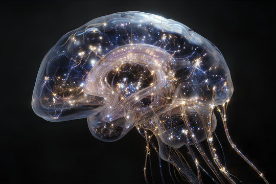 Glowing human brain with luminous neural streams and crystal-like nodes beneath translucent scalp rendered in radiant cinematic tones of blue gold and violet