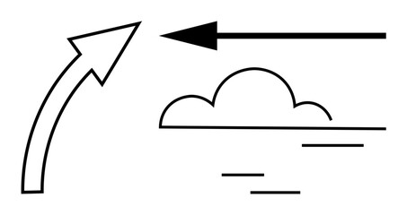 Direction concept. Direction by curved and straight black arrows with cloud and line details. Direction aids understanding navigation, movement, weather predictions, and strategy