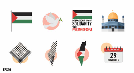 A collection of illustrations representing Palestinian identity, including the flag, keffiyeh, map, Dome of the Rock, dove, and International Day of Solidarity.