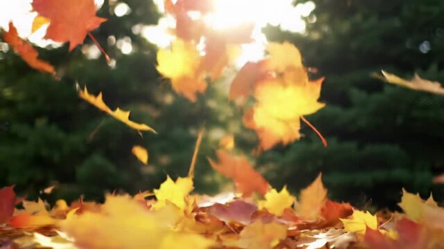 Ultra slow-motion video of vibrant yellow, orange, red autumn leaves with intricate details falling onto a shimmering golden forest floor. Serene autumn concept