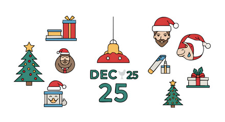 Christmas themed icons including Santa Claus, Christmas trees, presents, and "Dec 25" text, arranged on a white background.